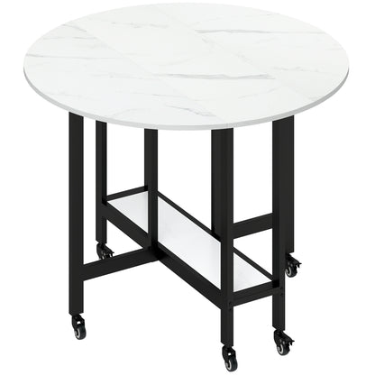 HOMCOM Folding Dining Table, Drop Leaf Table with Open Shelf, Rolling Kitchen Table for Small Spaces, White Marble
