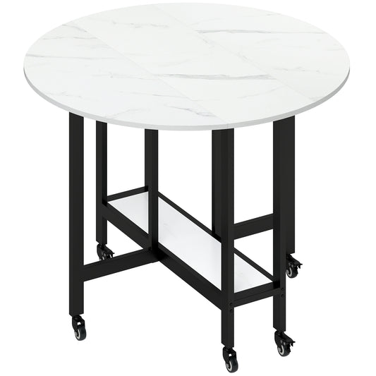 HOMCOM Folding Dining Table, Drop Leaf Table with Open Shelf, Rolling Kitchen Table for Small Spaces, White Marble