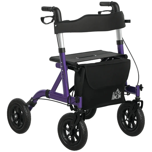 HOMCOM 4 Wheeled Folding Rollator Walker with Seat, Backrest, Lightweight Walking Frame with Dual Brakes, Adjustable Handle Height, Purple