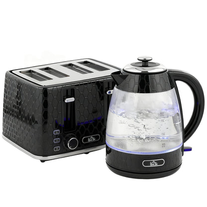 HOMCOM Kettle and Toaster Set, 1.7L 3000W Rapid Kettle with Strix Thermostat, 4 Slice Toaster, Black