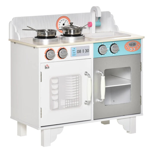 HOMCOM Kids Wooden Play Kitchen Toy Cooking Set Pretend Role Playset, Cooking Bench, Stainless Steel Pot for 3-6 Years