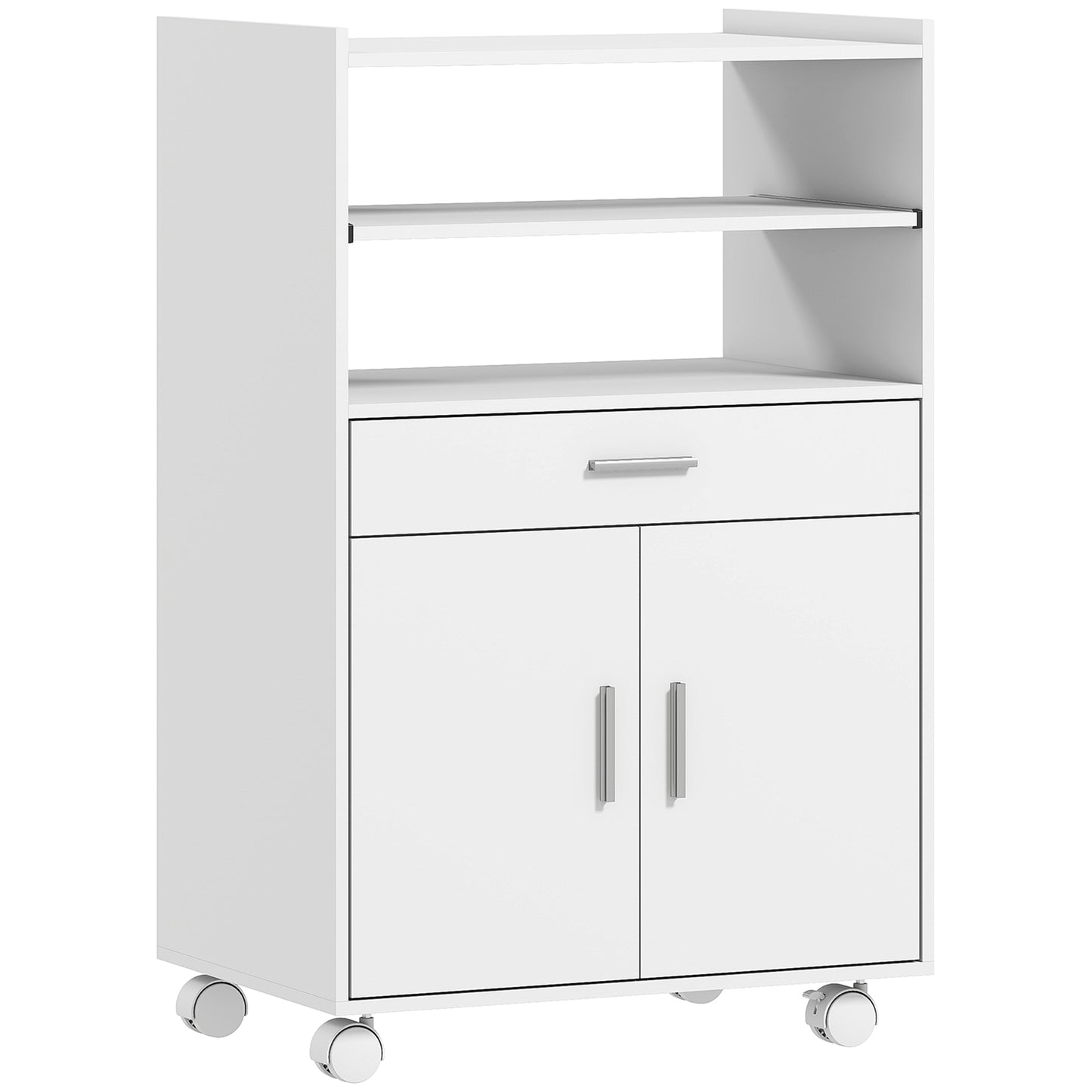HOMCOM Kitchen Trolley with Wheels, Modern Mobile Microwave Stand with Slide-Out Shelf, Drawer & 2 Doors