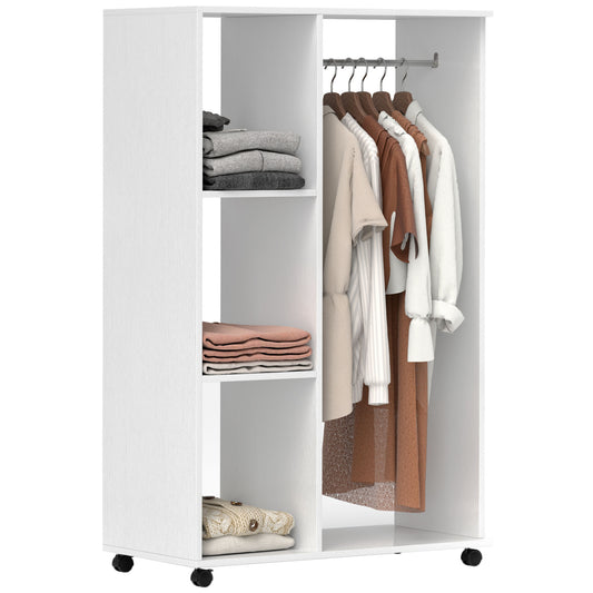 HOMCOM Open Wardrobe on Wheels, Bedroom Wardrobe with Clothes Hanging Rail, 3 Storage Shelves Rack, White