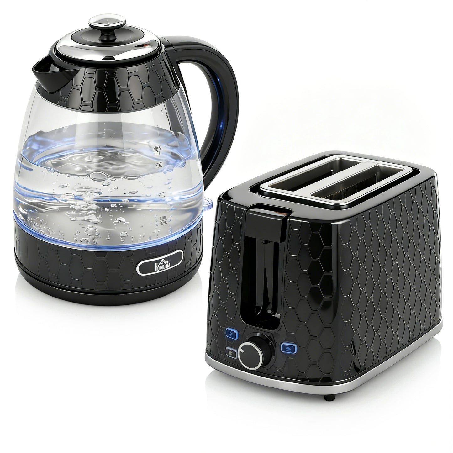 HOMCOM Rapid Kettle and 2 Slice Toaster Set, 1.7L 3000W with Limescale Filter & 7 Browning Controls, Black