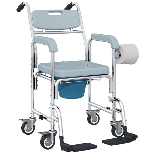 HOMCOM Rolling Shower Wheelchair for Seniors, Bedside Commode Chair with Locking Wheels, Backrest, Arms, Grey