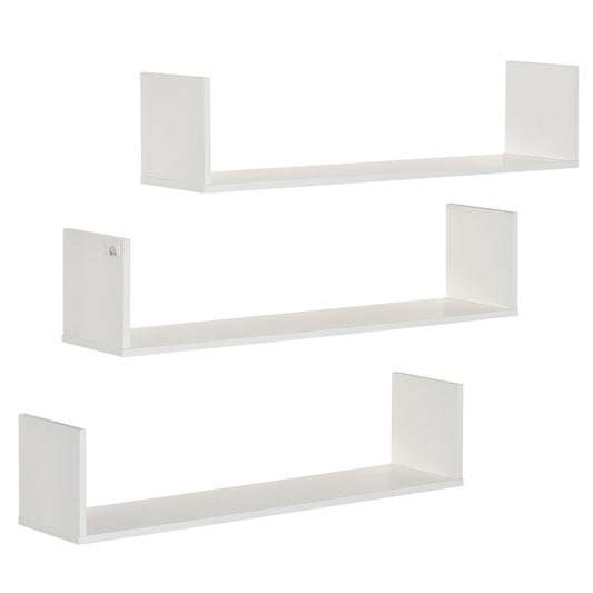 HOMCOM Set of 3 Wooden U-Shaped Floating Shelves Set, Wall Mounted Hanging Bookshelf, White