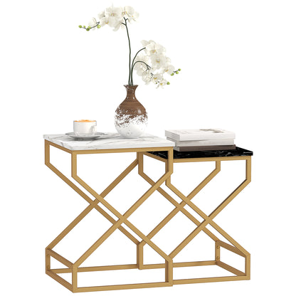 HOMCOM Set of Two Side Table Marble-Effect Nesting Bedside Tables
