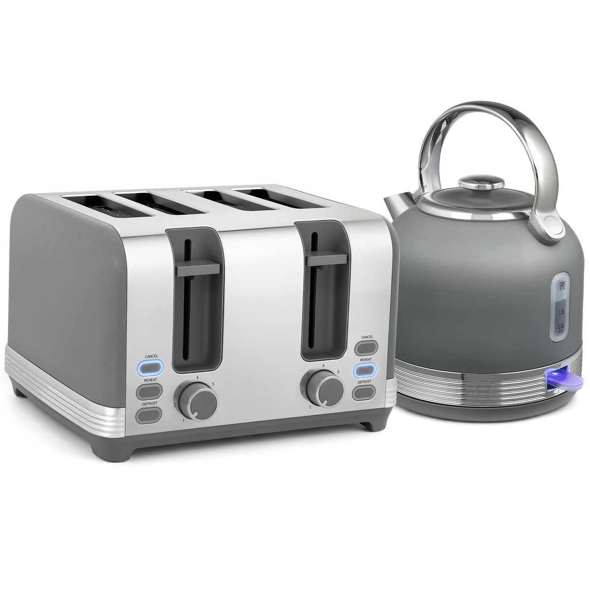 HOMCOM Stainless Steel Fast Boil Cordless Kettle and 4 Slice Toaster Kitchen Set, 1.7L 3000W, Grey
