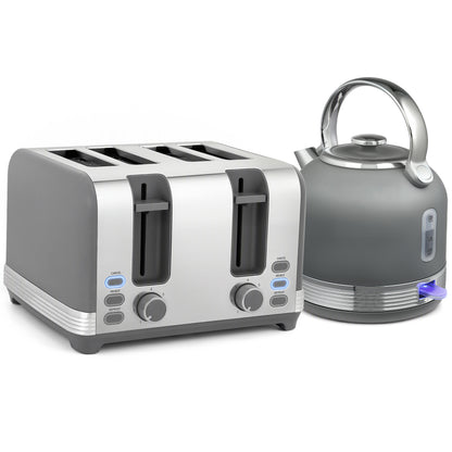 HOMCOM Stainless Steel Fast Boil Cordless Kettle and 4 Slice Toaster Kitchen Set, 1.7L 3000W, Grey
