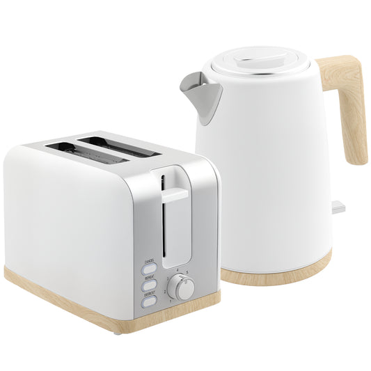 HOMCOM Stainless Steel Kettle and Toaster Set, 1.7L 3000W Fast Boil Kettle & 2 Slice Toaster Kitchen Set, White