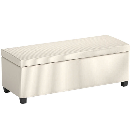 HOMCOM Storage Ottoman Bench, Corduroy Storage Chest Box with Wooden Legs, Bed End Bench, Beige