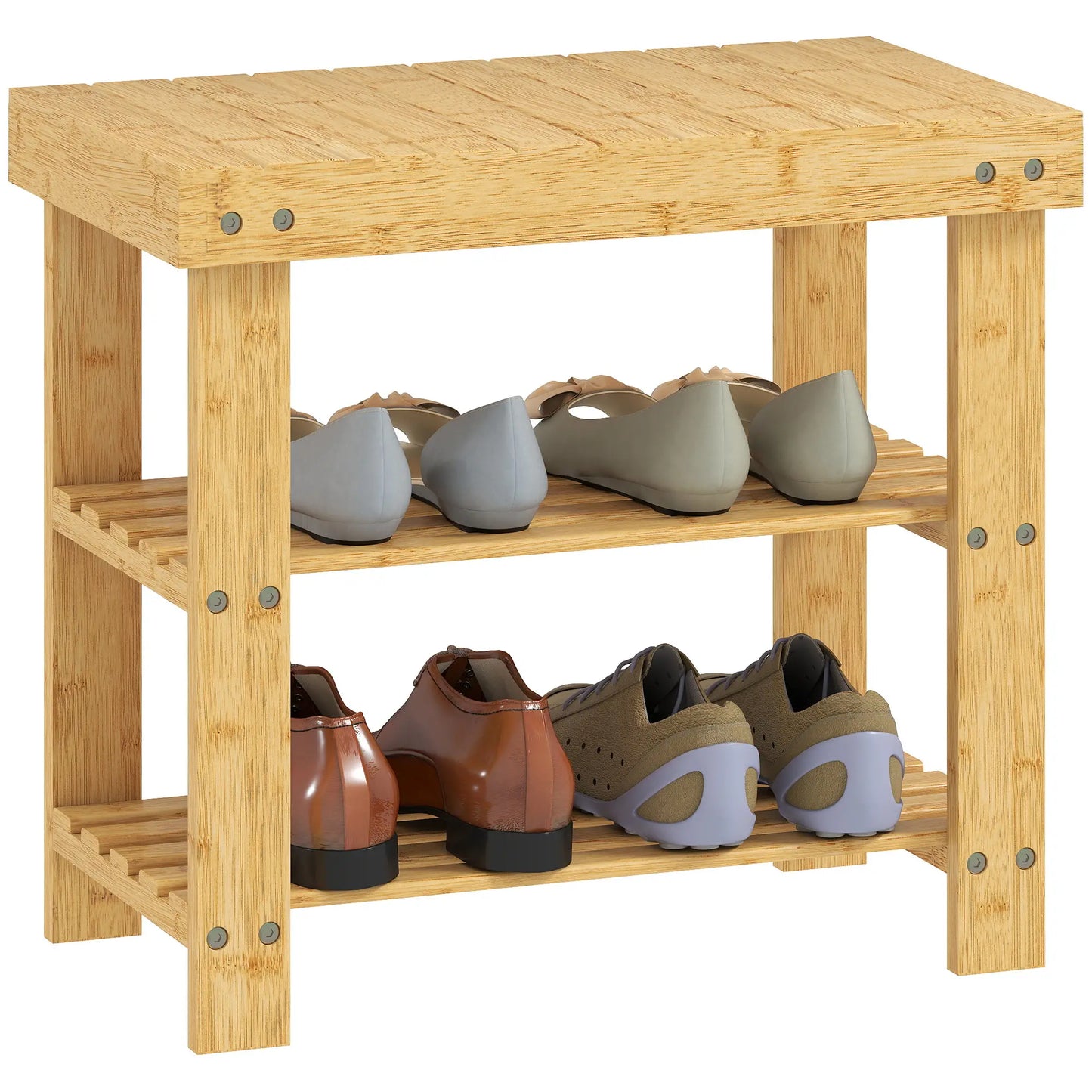 HOMCOM Two Shelf Bamboo Shoe Storage Bench Home Furniture - Natural Finish