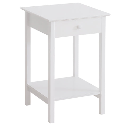 HOMCOM Wooden Side Table, Bedside Cabinet with Drawer and Storage Shelf for Bedroom, White