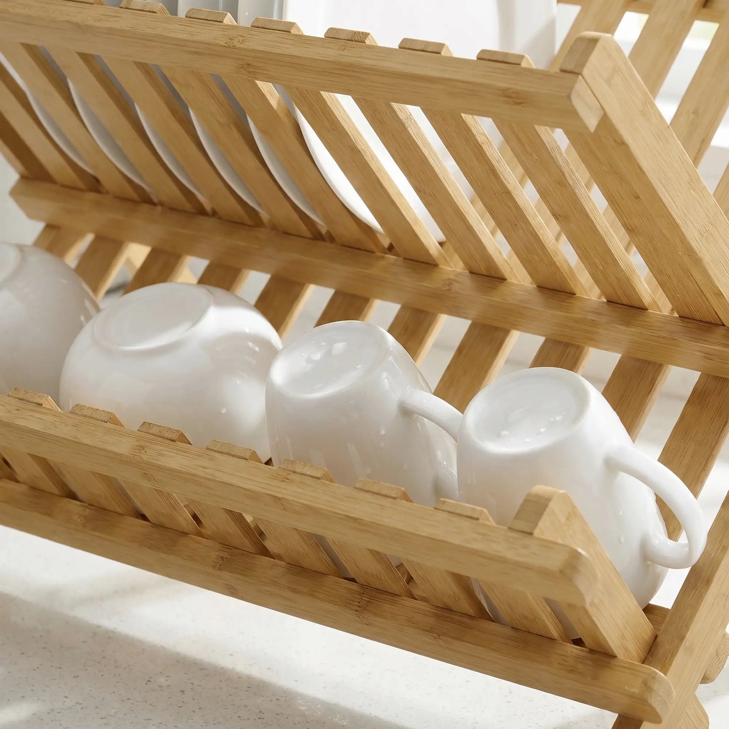 HOMCOM 2-Tier Foldable Kitchen Storage Rack with Slatted Draining Shelves, Natural Wood Finish