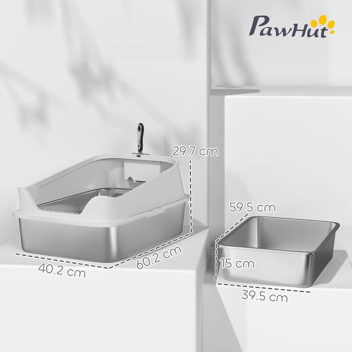 PawHut XL Stainless Steel Cat Litter Box with High Sides & Metal Scoop