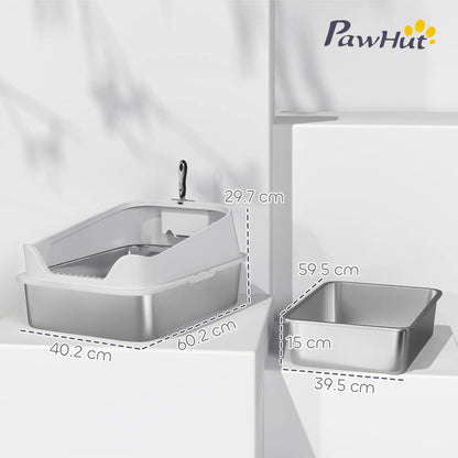 PawHut XL Stainless Steel Cat Litter Box with High Sides & Metal Scoop