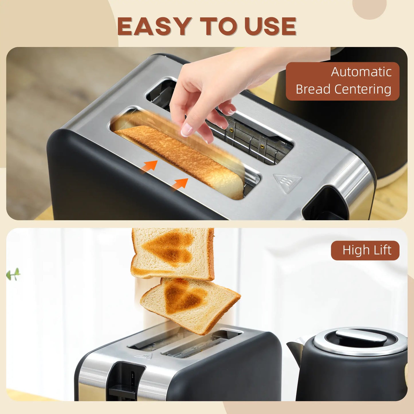 HOMCOM Stainless Steel Kettle and Toaster Kitchen Set, 1.7L 3000W Fast Boil Kettle & 2 Slice Toaster, Black