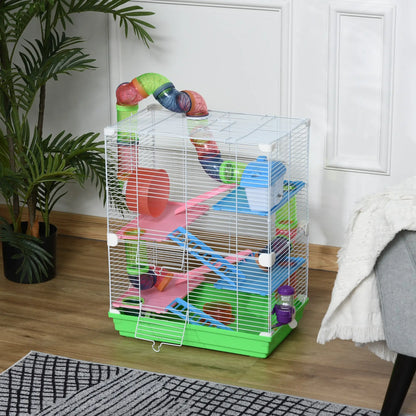 PawHut 5 Tier Hamster Cage Carrier Habitat w/ Exercise Wheels, Tunnel, Green