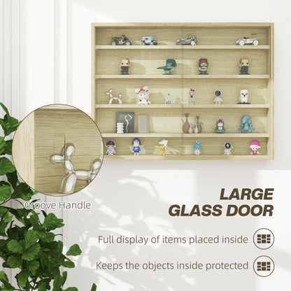 HOMCOM 5-Tier Wall Display Shelf Unit Cabinet w/ 4 Adjustable Shelves Glass Doors Home Office Ornaments, Oak