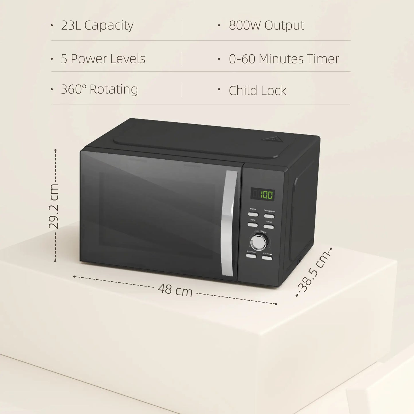 HOMCOM 23L 800W Digital Solo Microwave Oven with 5 Power Levels, Automatic Defrost, 8 Auto Cook Menus, Small, Black