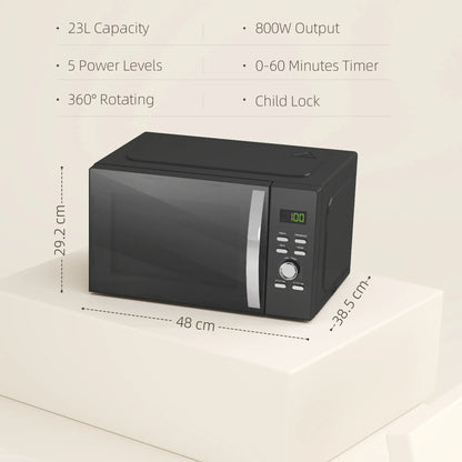 HOMCOM 23L 800W Digital Solo Microwave Oven with 5 Power Levels, Automatic Defrost, 8 Auto Cook Menus, Small, Black