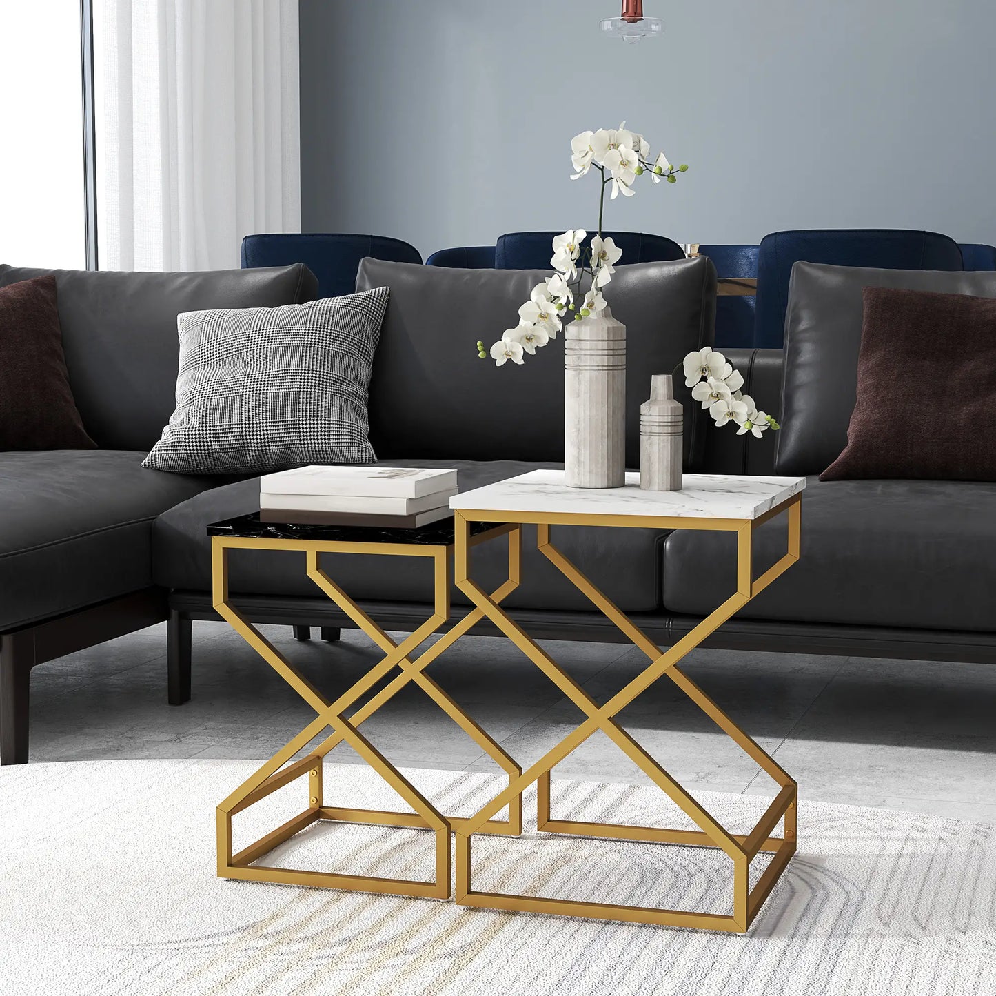 HOMCOM Set of Two Side Table Marble-Effect Nesting Bedside Tables