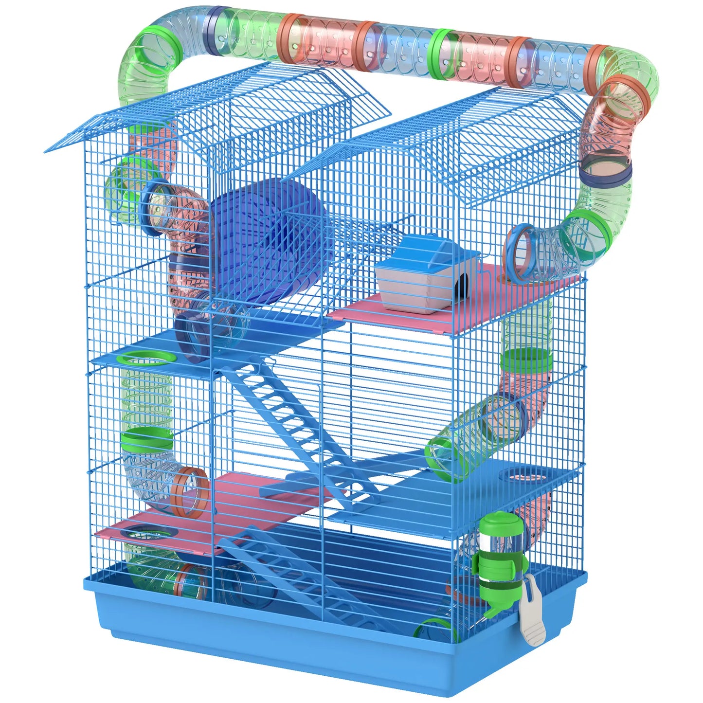 PawHut Hamster Cage, 5 Tier Carrier Habitat with Exercise Wheels Tunnel Tube House Ladder, Gerbil Cage for Dwarf Mice, Blue