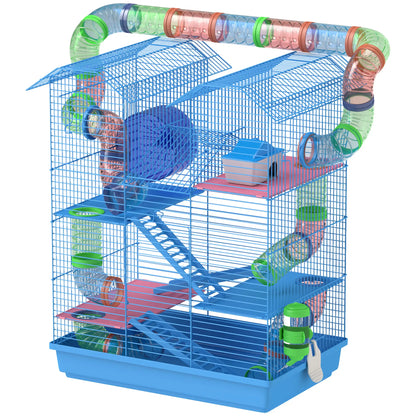 PawHut Hamster Cage, 5 Tier Carrier Habitat with Exercise Wheels Tunnel Tube House Ladder, Gerbil Cage for Dwarf Mice, Blue
