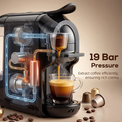 HOMCOM Pod Coffee Machine for Nespresso, Dolce Gusto Capsule & Ground Coffee, Small Semi Automatic Coffee Maker, 19 Bar, 0.6L