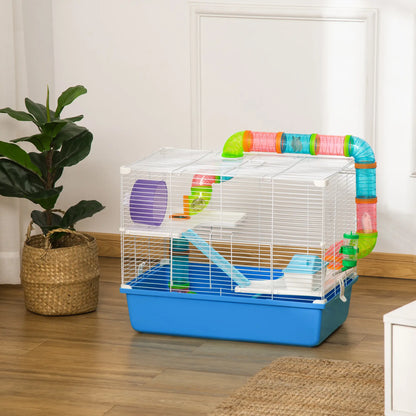 PawHut Hamster Cage, Gerbil Cage 3 Tier for Dwarf Hamster with Tube, Exercise Wheel, Water Bottle, Food Dish - Blue