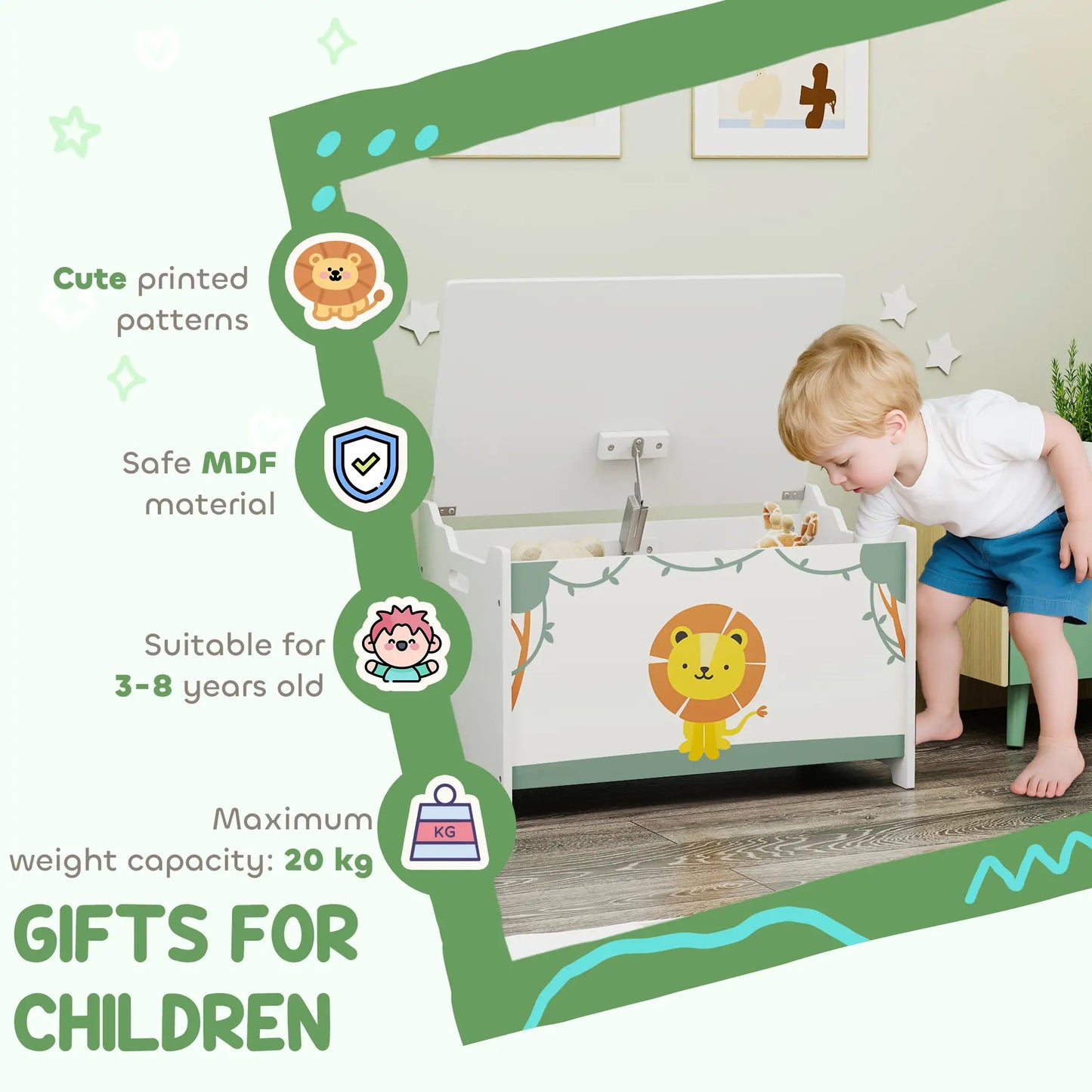 AIYAPLAY Toy Storage Organiser Box with Lid, Safety Hinges and Groove Handles for Kids, Playroom, Green