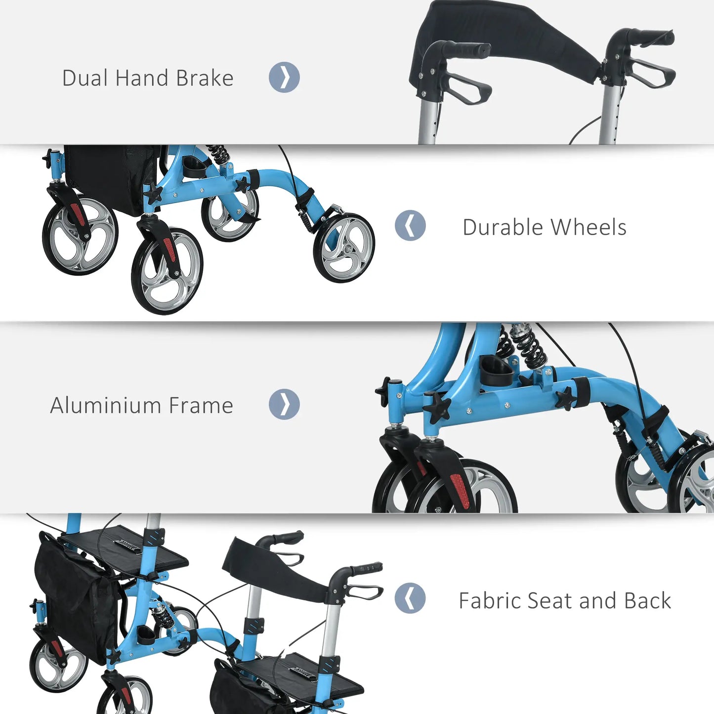 HOMCOM Professional Rollator with 8 Adjustable Height, Aluminium Walking Frame with Dual Brakes for Tall People, Blue