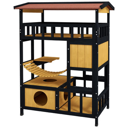 PawHut Outdoor Cat Shelter, Four-Tier Wooden Feral Cat House with Suspension Bridge, Balcony, Escape Doors