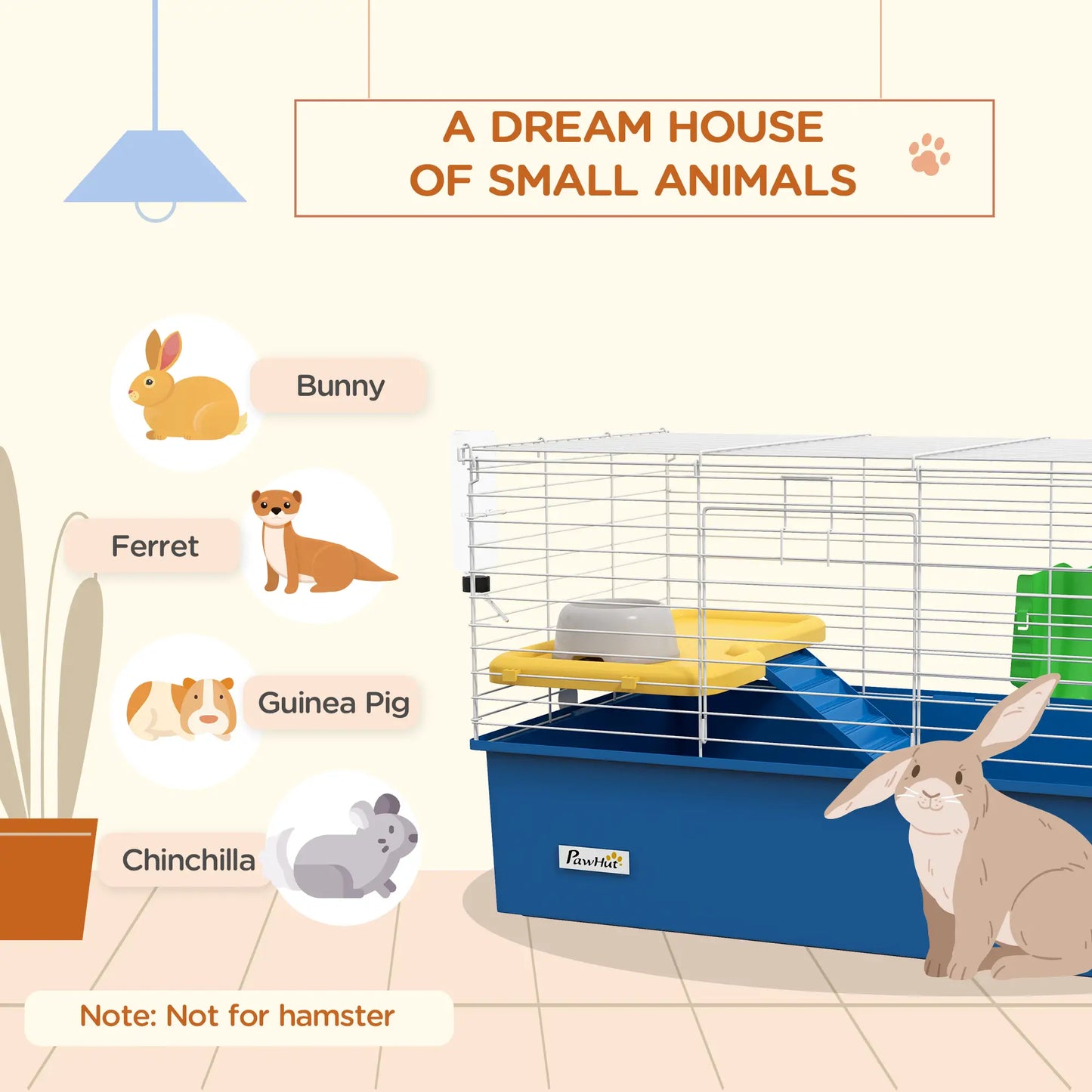 PawHut Chinchillas Small Rabbit Guinea Pig Small Animal Cage, Pet Playhouse with Platform, Ramp, Blue