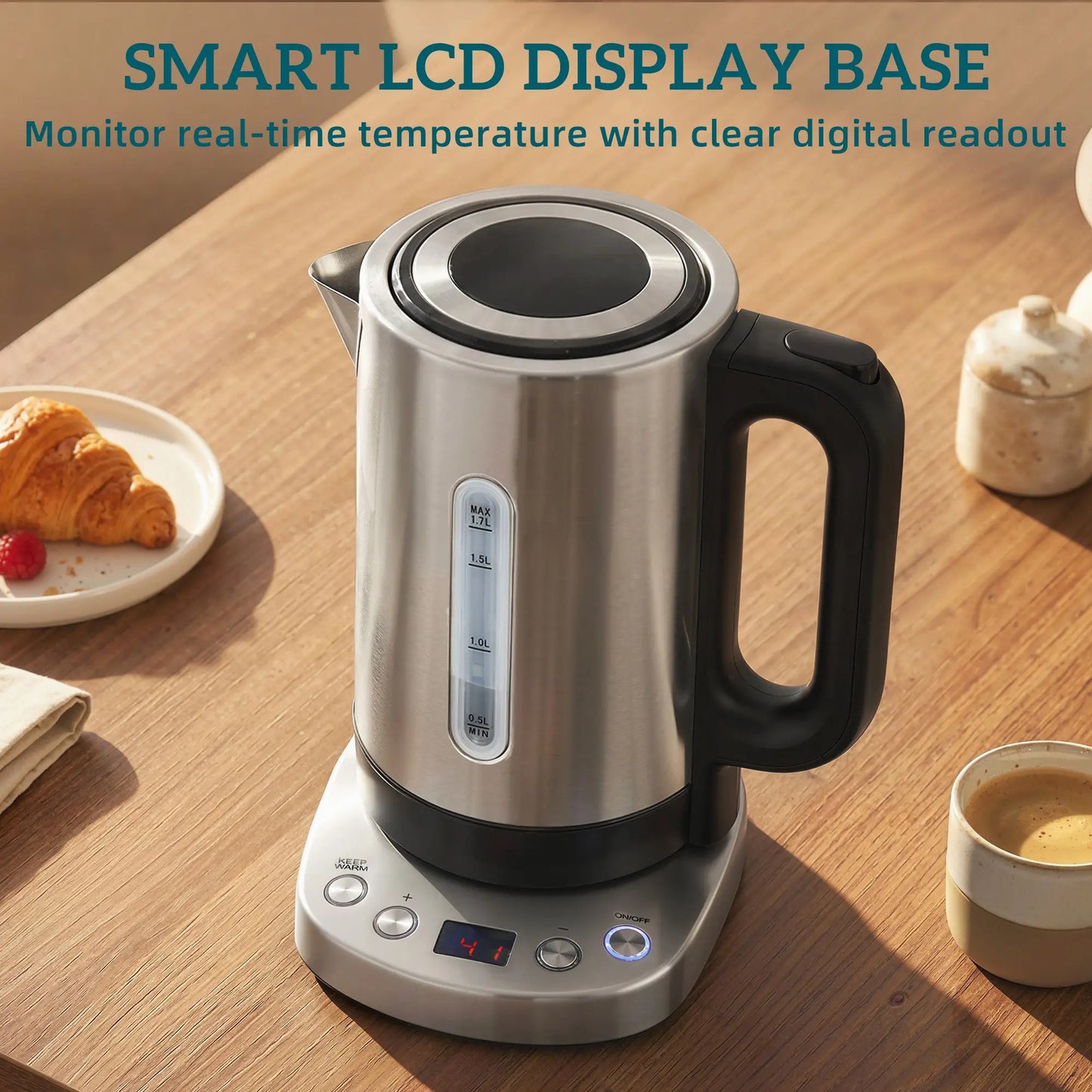HOMCOM Electric Kettle, 1.7L, Fast Boil, 3kW Water Kettle with UK Strix Thermostat, LCD Base, Silver Tone
