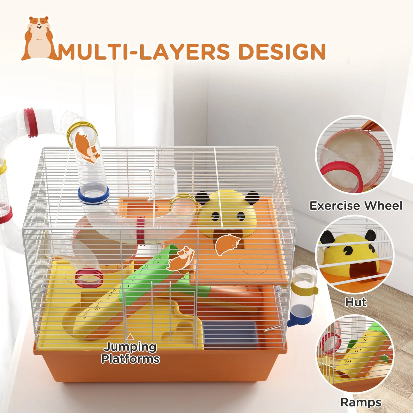 PawHut 3 Tiers Gerbil Cage, Hamster Cage with Tubes, Exercise Wheel, Ladder, Top Handle - Orange