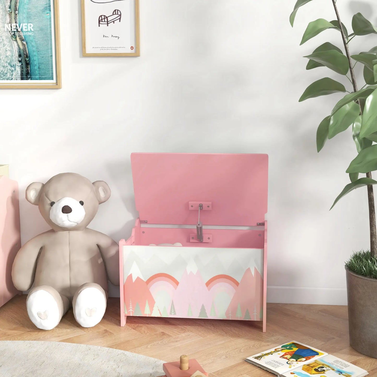 ZONEKIZ Toy Box, Kids Storage Chest, with Lid, Safety Hinge - Pink