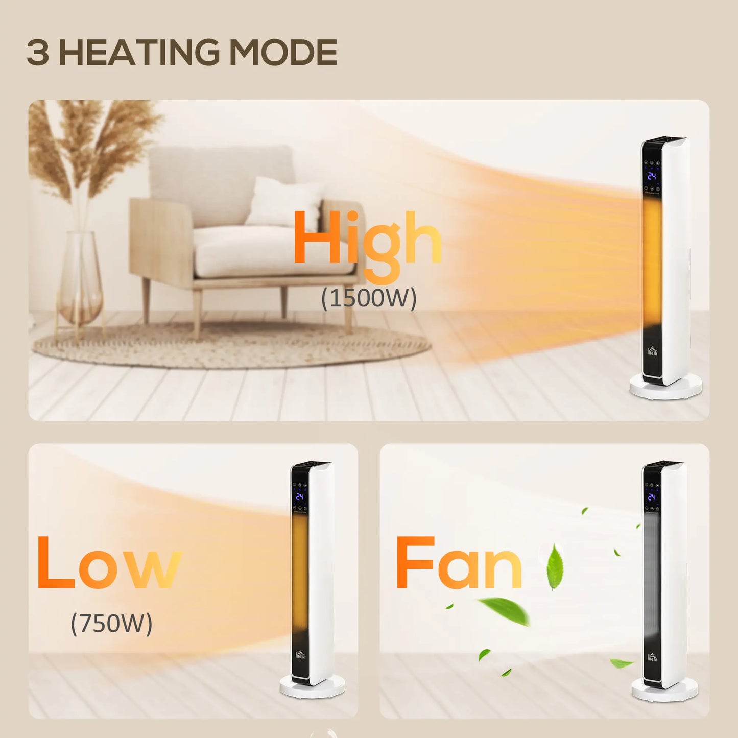 HOMCOM 1100W/2200W Space Room Heater with 65° Oscillation, 8-Hour Timer, Overheat & Tip Over Protection