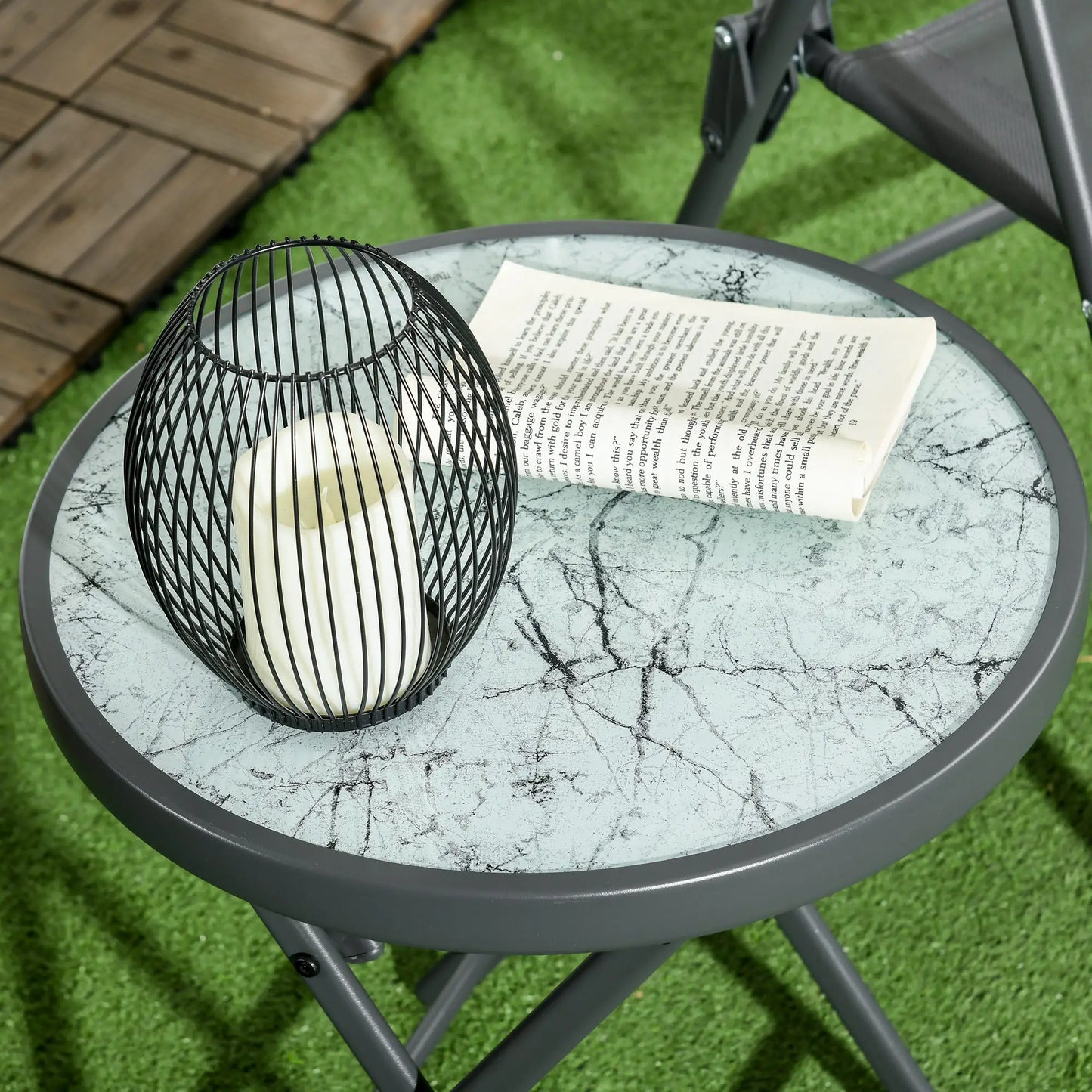 Outsunny Garden Small Coffee Side Table, Outdoor Round Folding Patio Table with Marble Glass Top, White