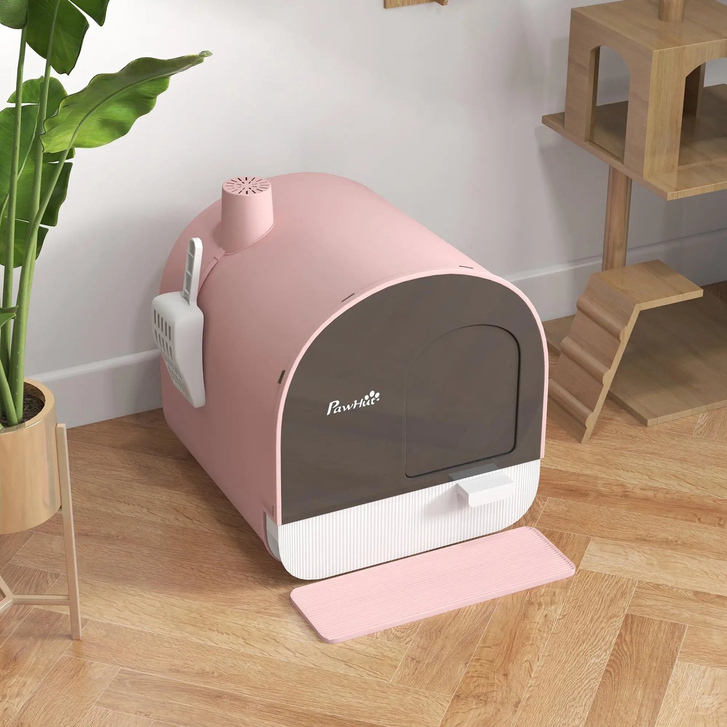 PawHut Hooded Cat Litter Box, Kitten Litter Tray with Lid, Scoop, Filter, Flap Door, Pink