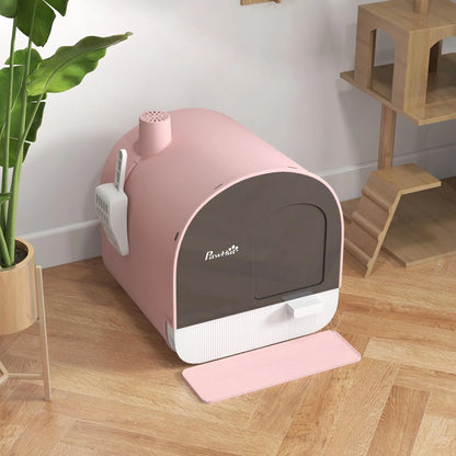 PawHut Hooded Cat Litter Box, Kitten Litter Tray with Lid, Scoop, Filter, Flap Door, Pink