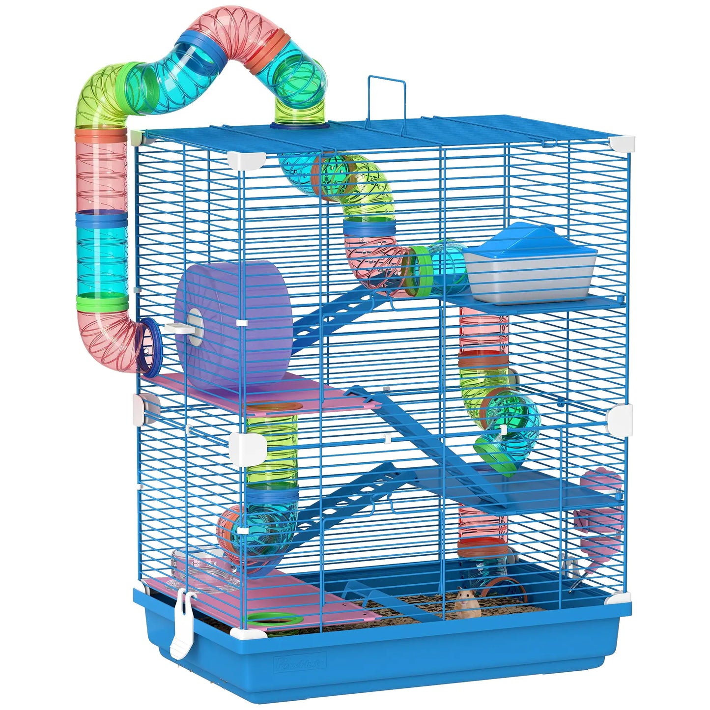 PawHut 5 Tier Hamster Cage Carrier Habitat w/ Exercise Wheels, Tunnel, Blue