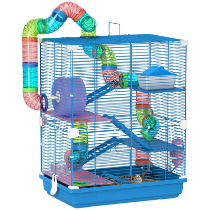 PawHut 5 Tier Hamster Cage Carrier Habitat w/ Exercise Wheels, Tunnel, Blue