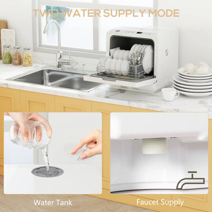 HOMCOM Table Top Dishwasher with Built-in 6L Water Tank, Mini Countertop Dishwasher with 6 Programs, White
