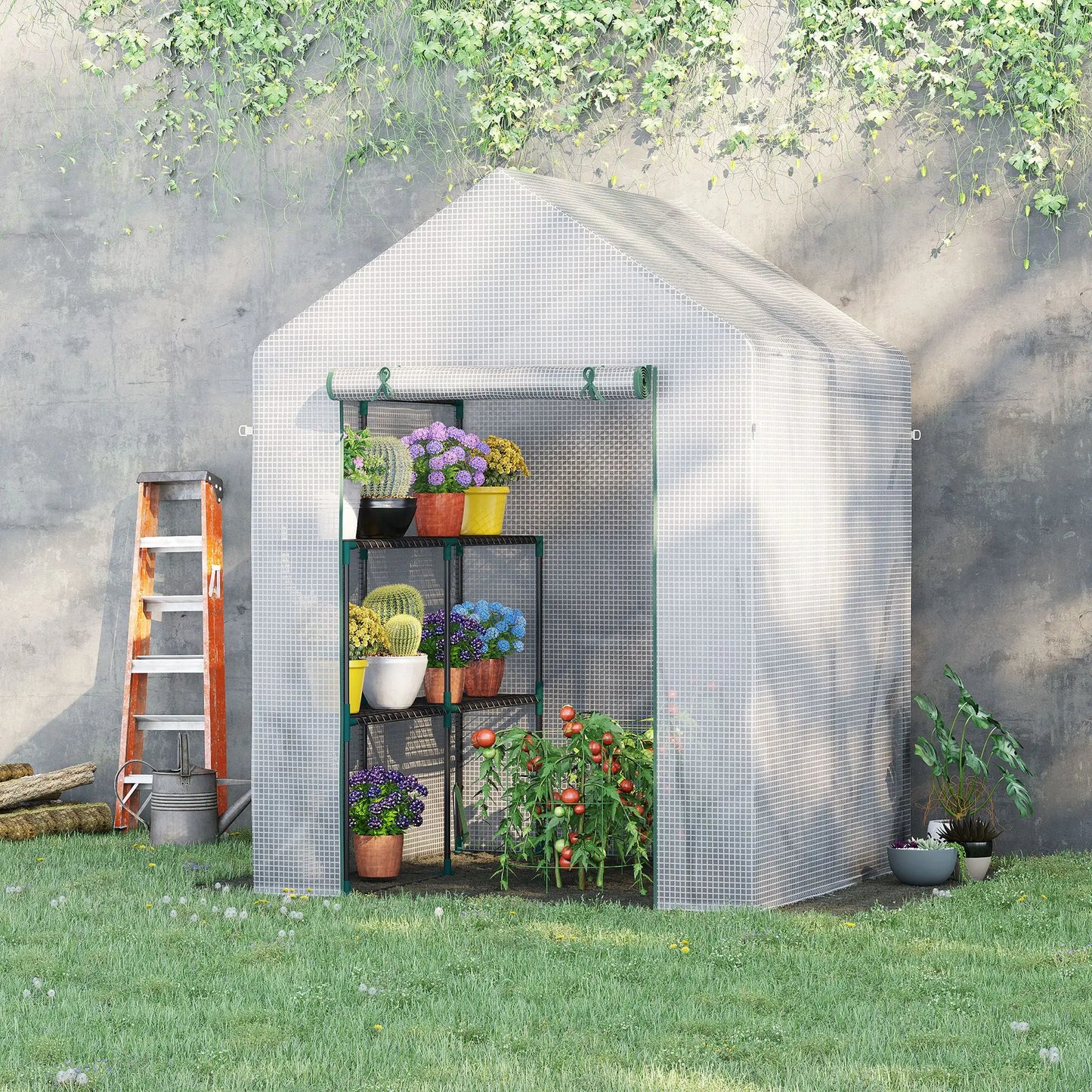 Outsunny Walk In Greenhouse Portable Gardening Plant Grow House Reinforced PE Cover with 2 Tier Shelf & Roll Up Zip Panel Door
