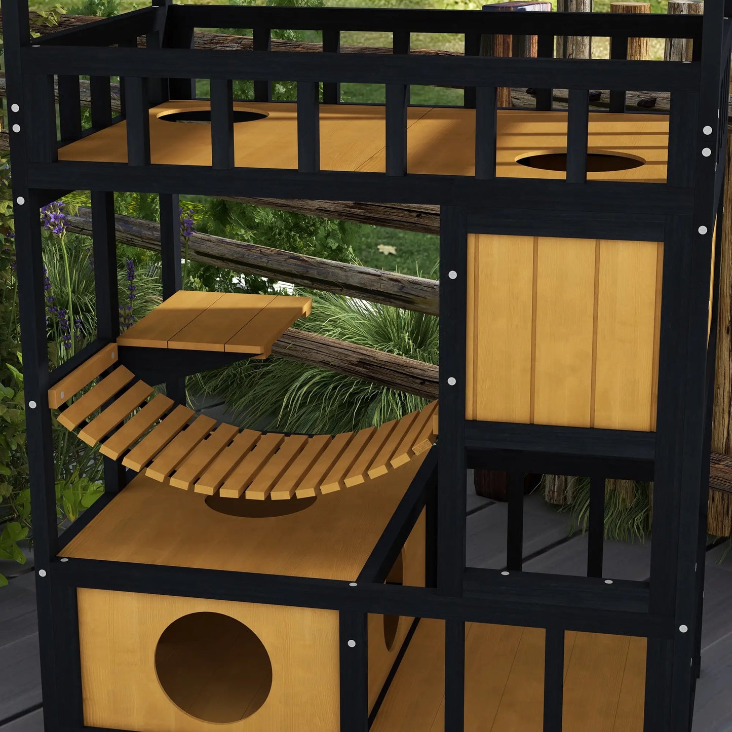 PawHut Outdoor Cat Shelter, Four-Tier Wooden Feral Cat House with Suspension Bridge, Balcony, Escape Doors