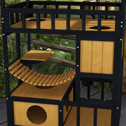 PawHut Outdoor Cat Shelter, Four-Tier Wooden Feral Cat House with Suspension Bridge, Balcony, Escape Doors