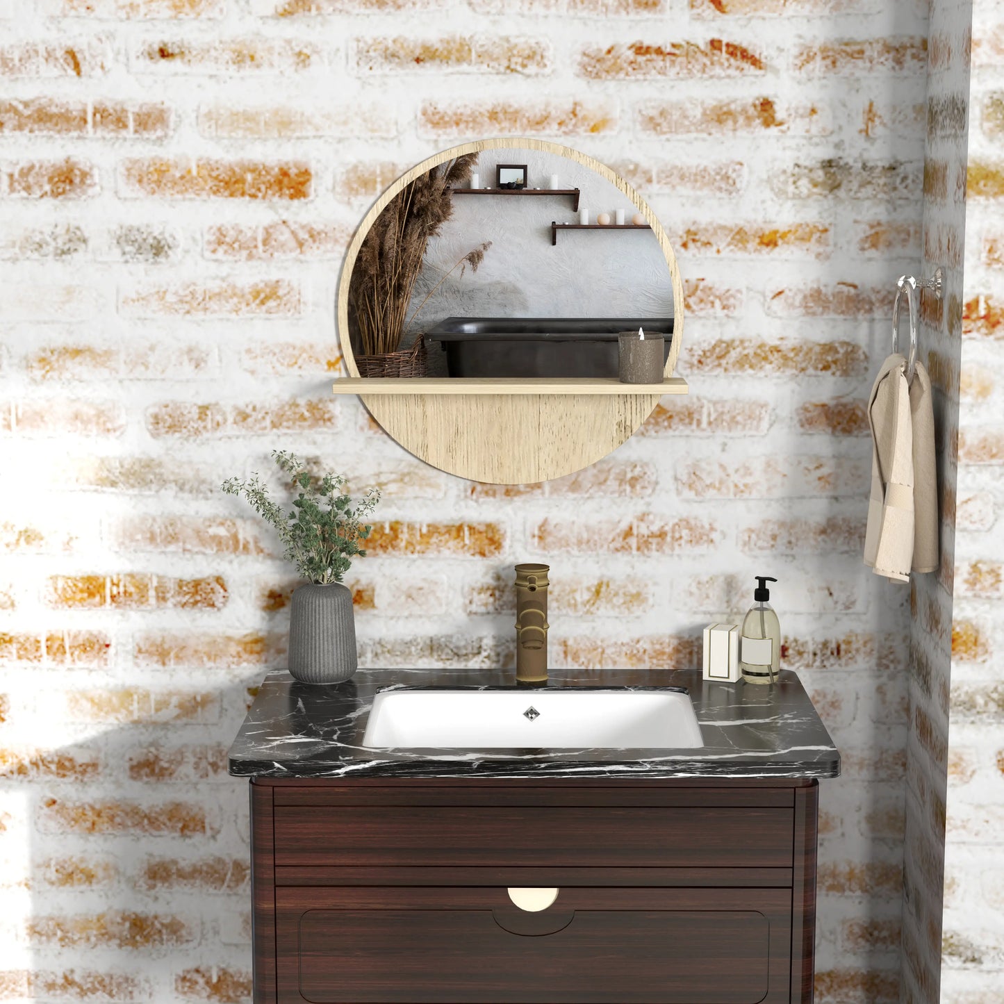 kleankin 45cm Round Home Bathroom Mirror, with Shelf - Natural Wood Effect