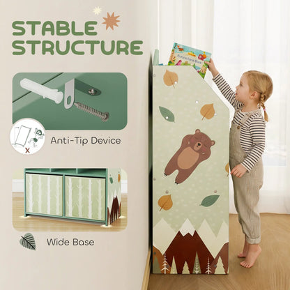 AIYAPLAY Kids Bookshelf with Toy Storage, Book Shelves and Fabric Drawers for Playroom, Green
