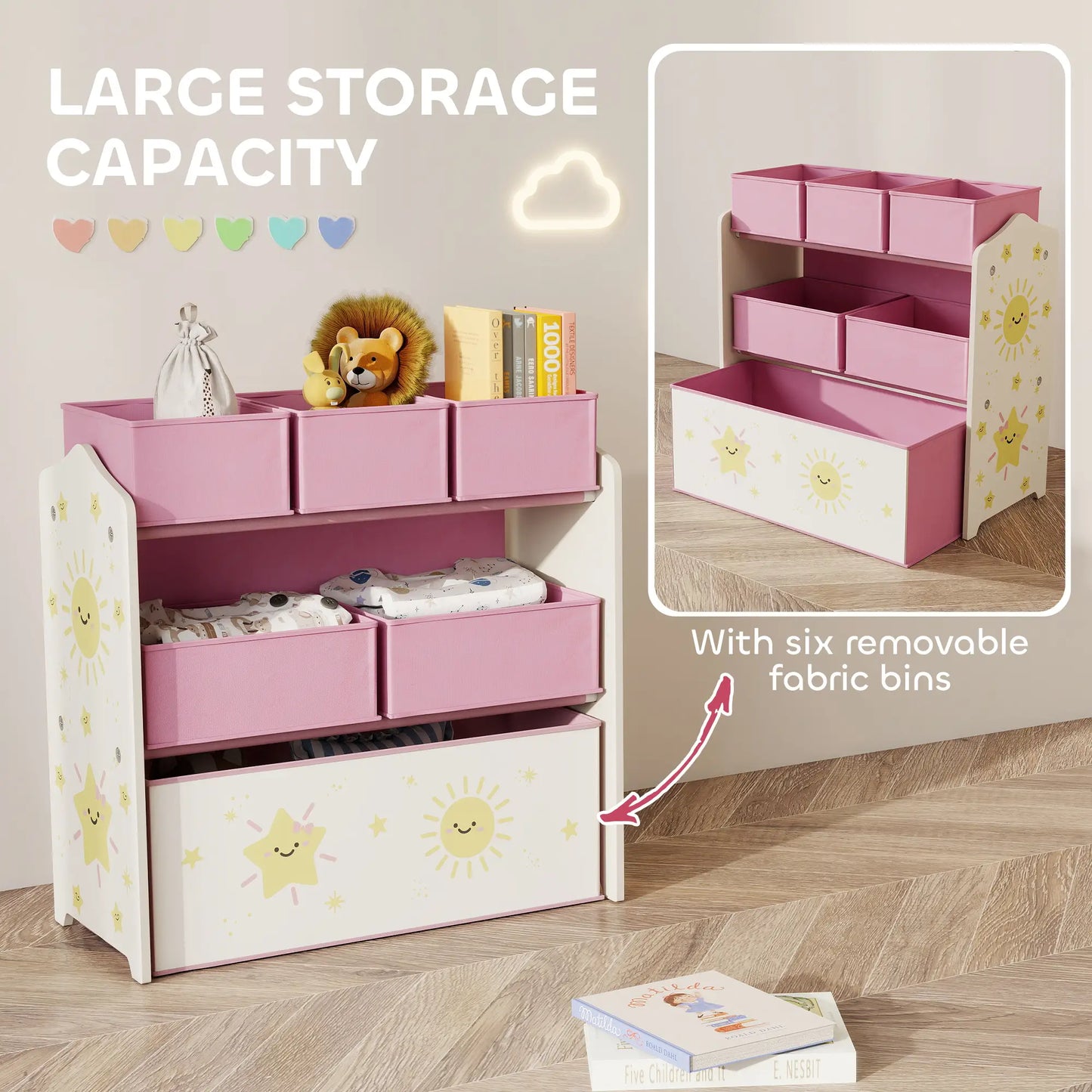AIYAPLAY Kids 3-Tier Toy Organiser Storage Shelf with 6 Removable Boxes for Kids, Bedroom, Playroom, Pink